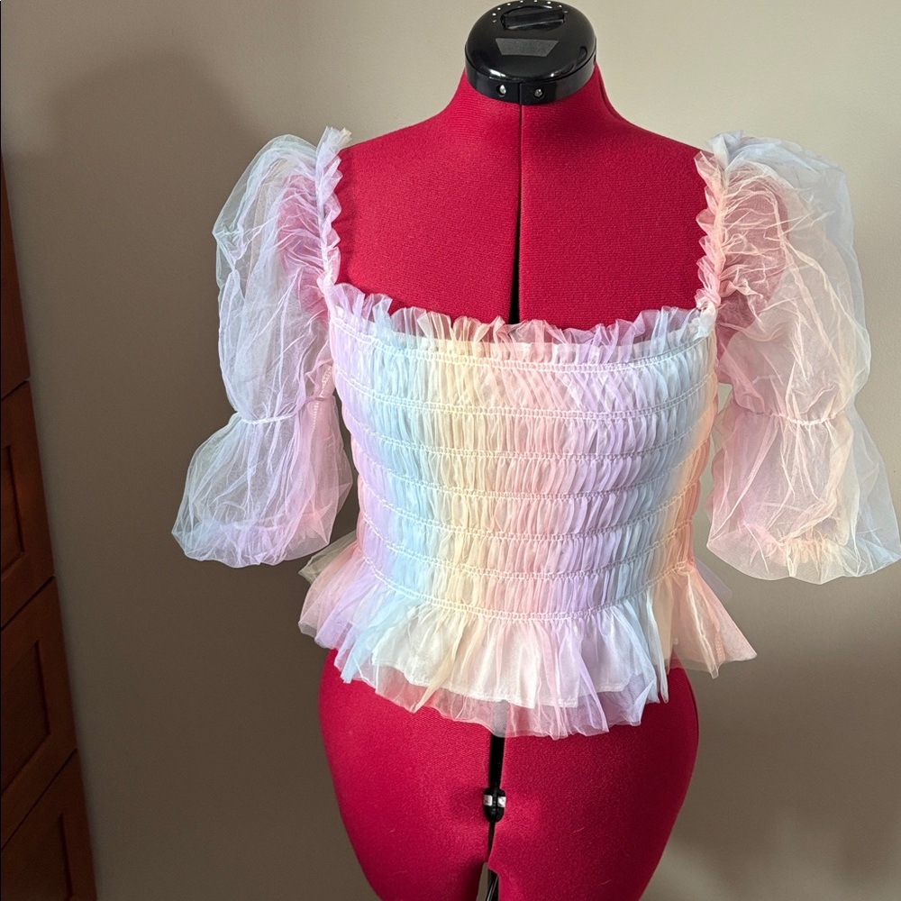 NWOT 🧚 Fairycore Rainbow Puff Sleeve Blouse Tulle Shired Top Sz S - Picture 2 of 9